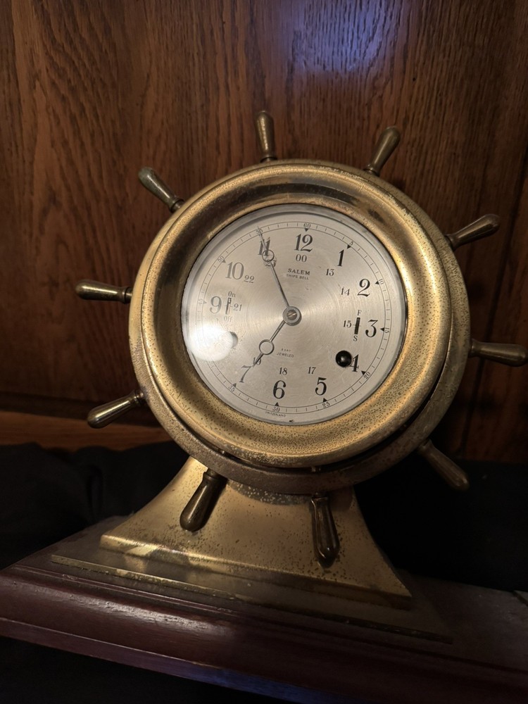 Salem Ship Bells Nautical Clock and Barometer on Stand - Solid Brass - WORKS