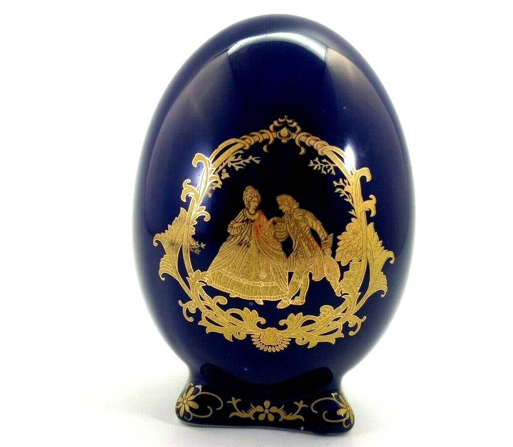 Vintage Footed Ceramic Egg Gold Painted Victorian Scene