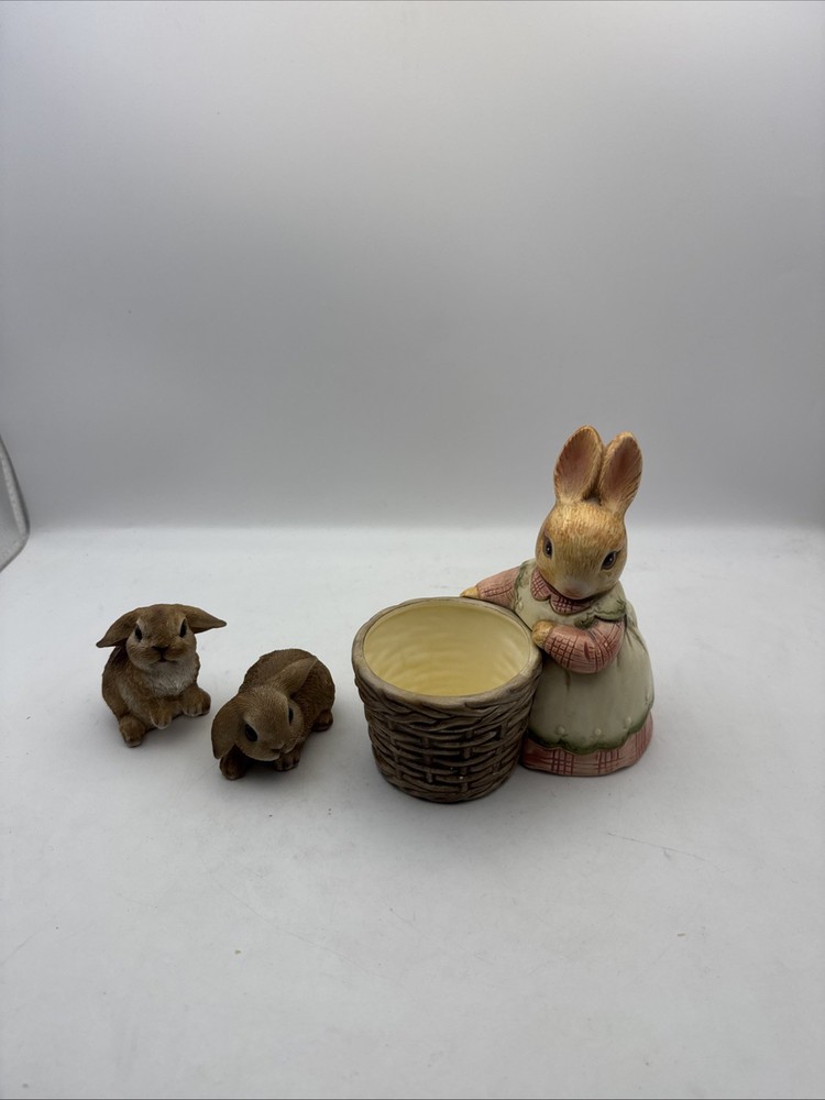 JCPenney Ceramic Easter Bunny with Basket 7" & 2 Rabbit Figurine