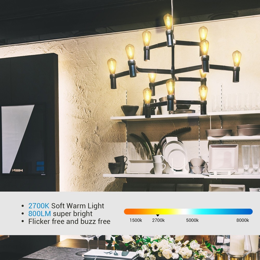 DEWENWILS 6 Pack Vintage LED Edison Bulbs,Dimmable Warm White ST64 800LM, E26 7W