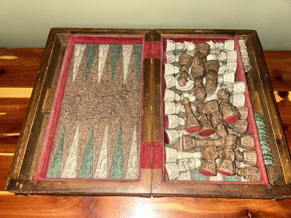 Vintage Unique Aztec Spanish Folding Chess Board Set Mexico Complete