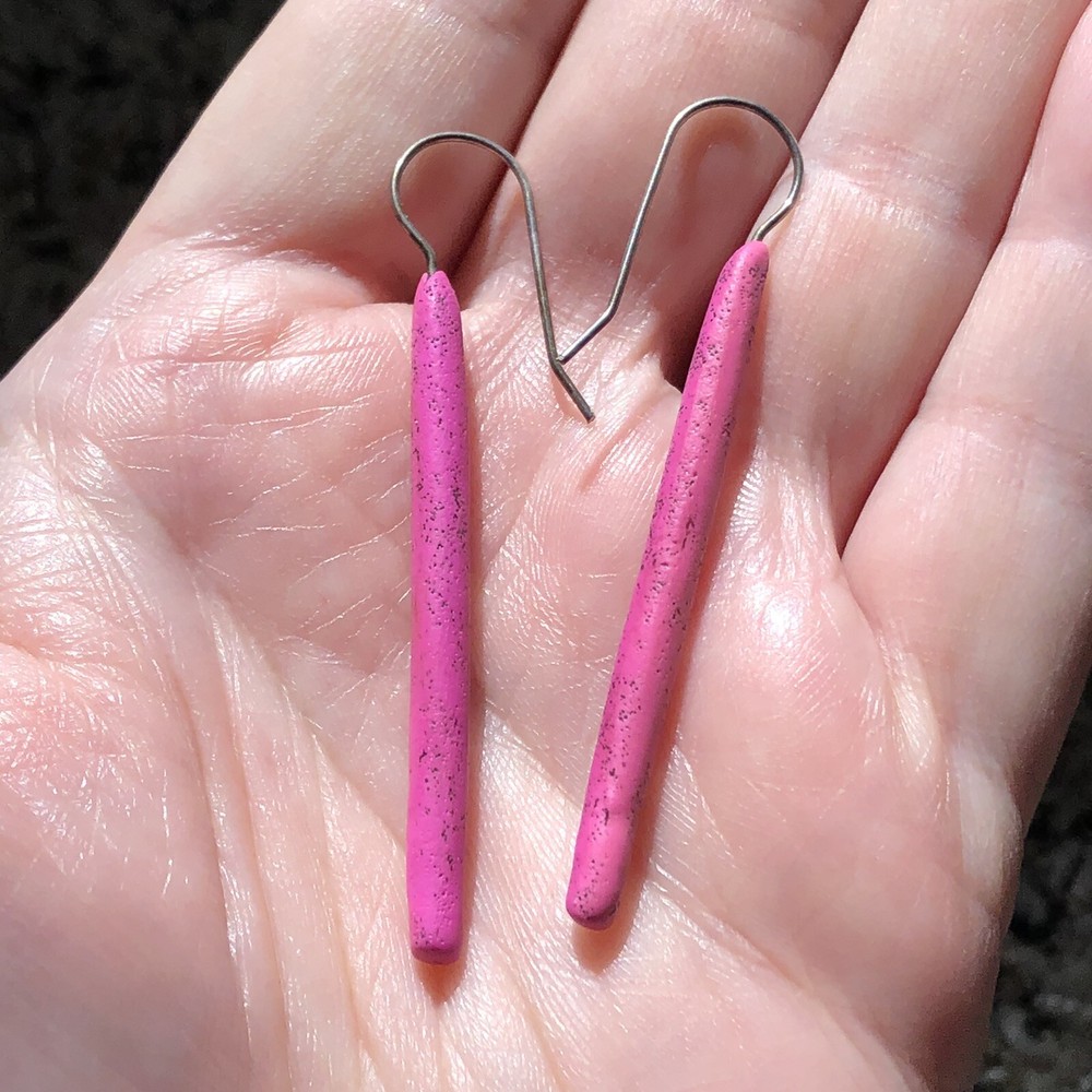 Unique dangle earrings speckled fuchsia polymer clay?