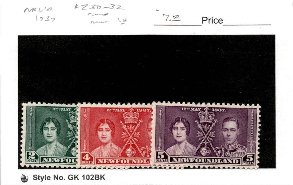Newfoundland, Postage Stamp, #230-232 Mint Hinged, 1937 (AG)