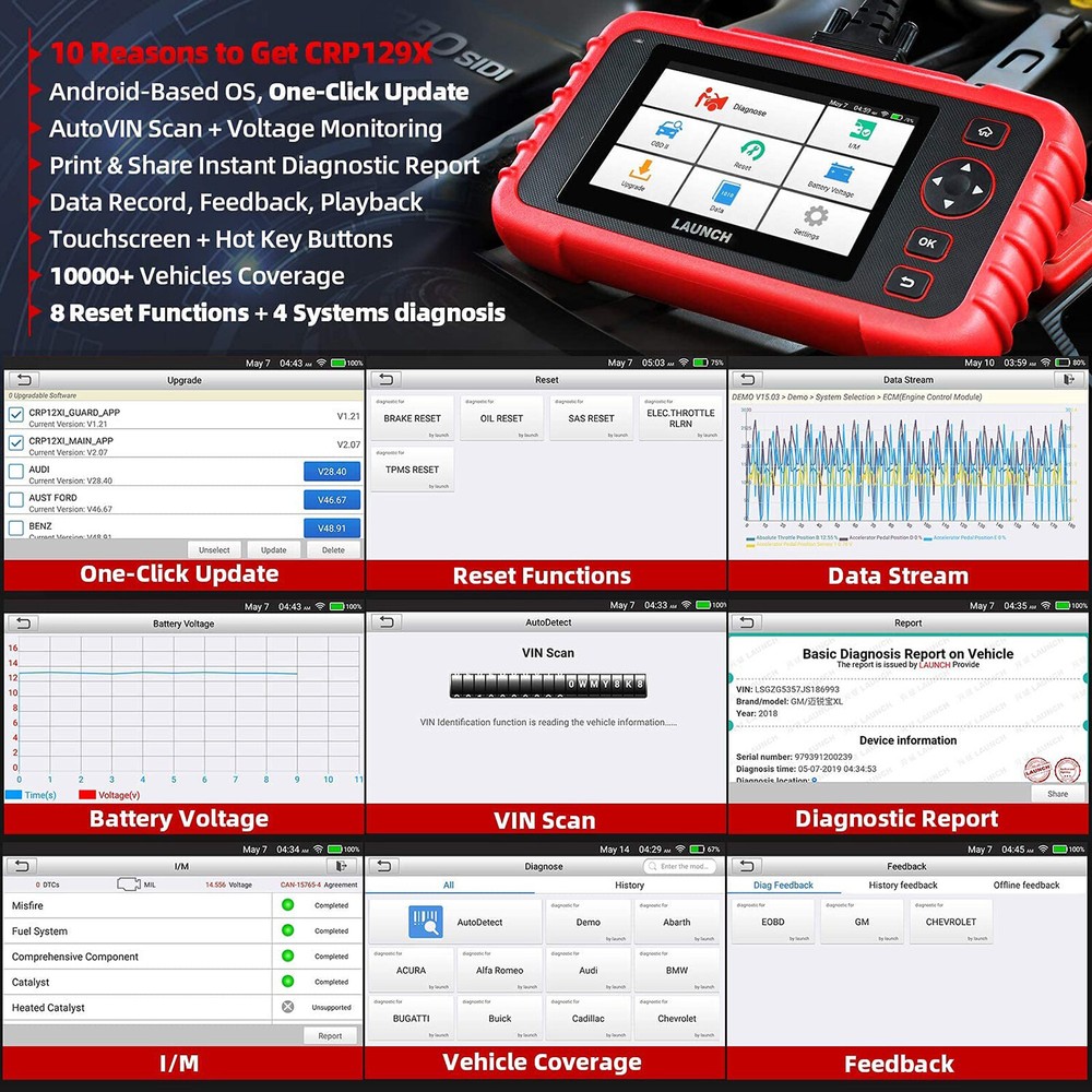 LAUNCH CRP129X OBD2 Scanner Car Diagnostic Tool Engine ABS SRS TPMS EPB SAS DPF