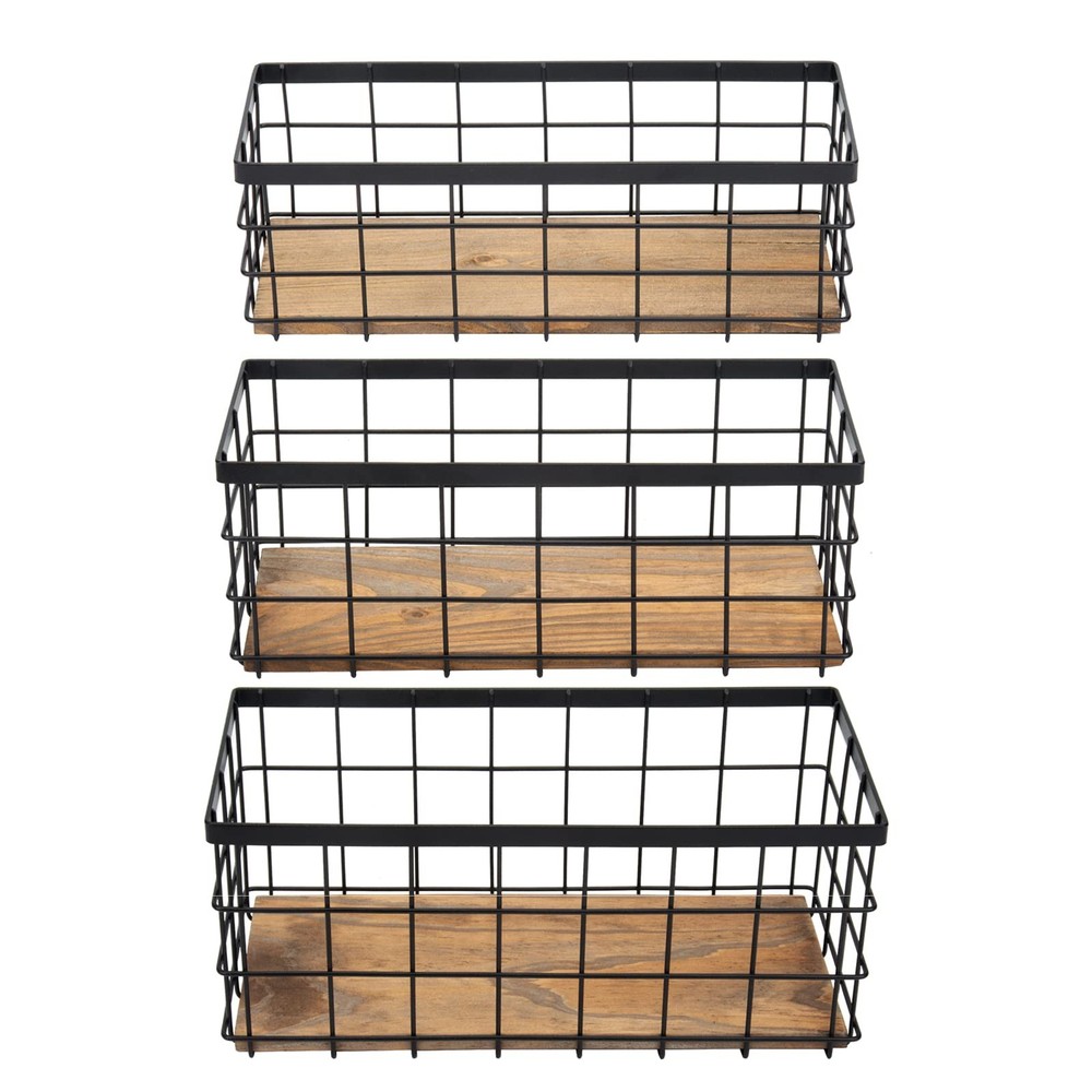 Farmhouse Decor Metal Wire Storage Baskets, Wood Base Containers Organizing B...