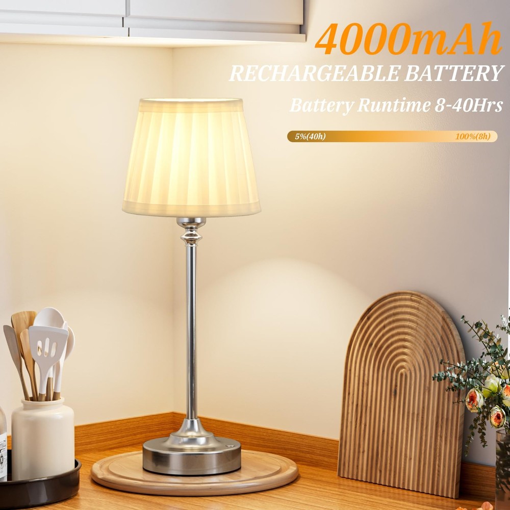 Kakanuo Cordless Table Lamp Rechargeable Silver - 4000mAh Battery, Dimmable