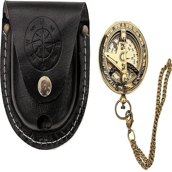 Brass Sundial Compass with Leather Case and Chain, Push Open Compass