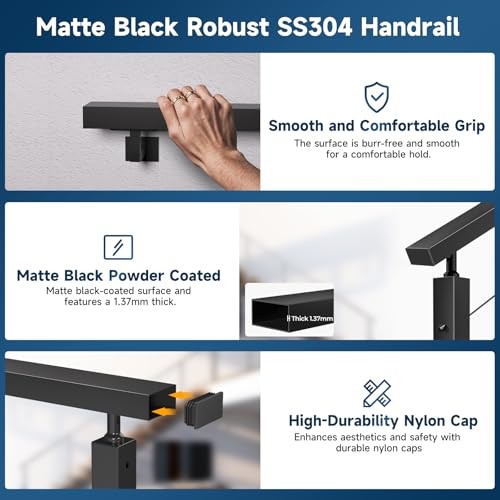 6'6" Stainless Steel T304 Handrail Black, Cuttable Rectangular Handrail Flat