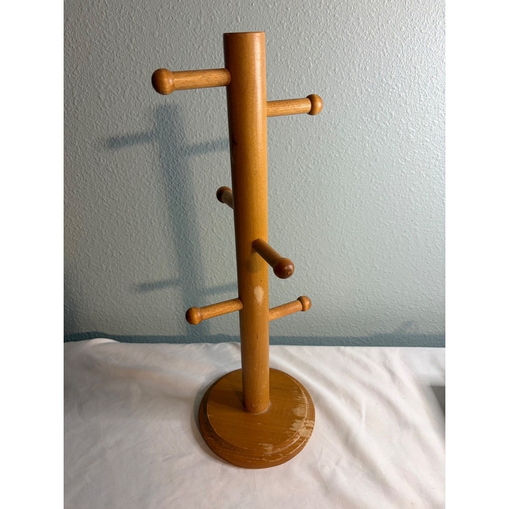 Vintage Cornwall USA Wooden Mug Tree 6 Peg Countertop Coffee Cup Holder Stand