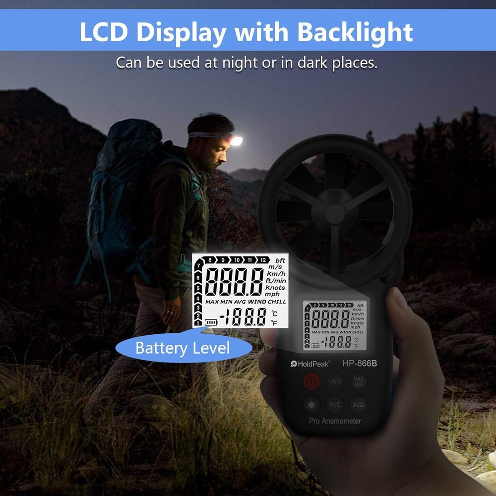 HoldPeak 866B Handheld Anemometer: Accurate Weather Wind Meter with Backlight