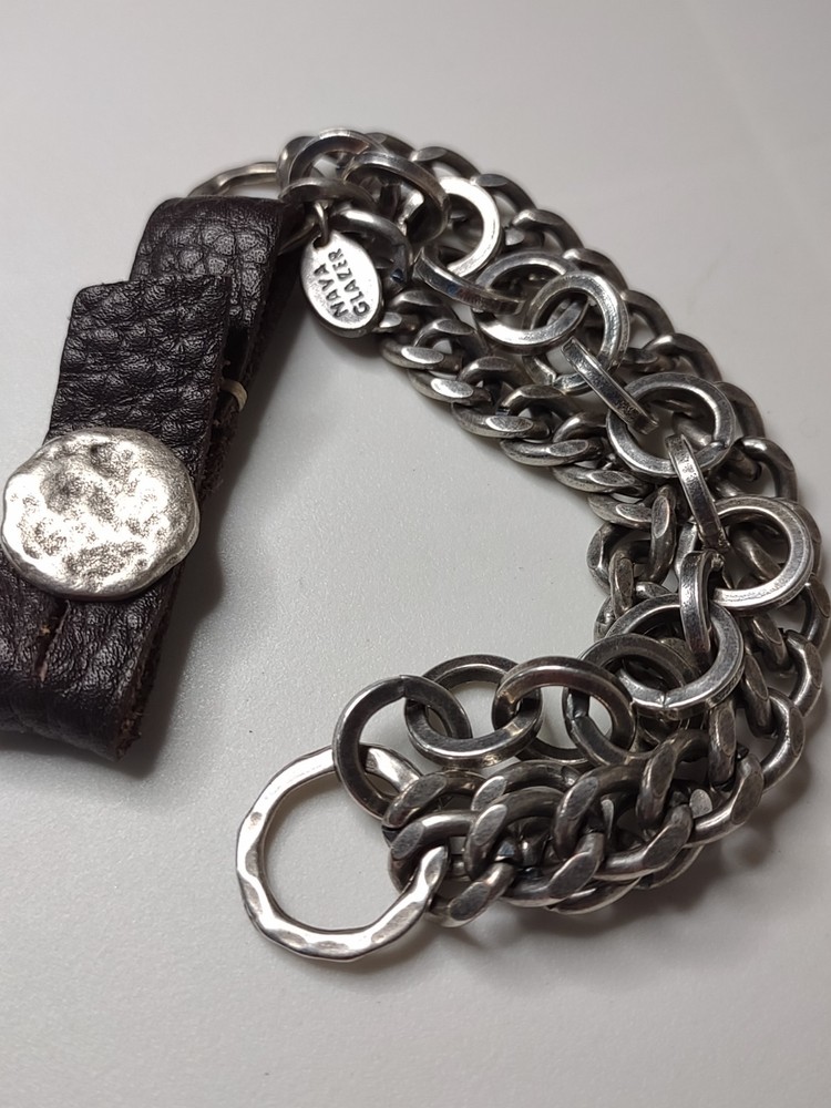 7 Inch Nava Glazer 3 Layer Chain Link And Leather Bracelet
