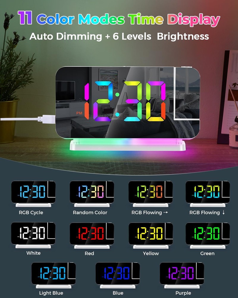 Digital Projection Alarm Clock with Rotatable LED Display and Modern Decor