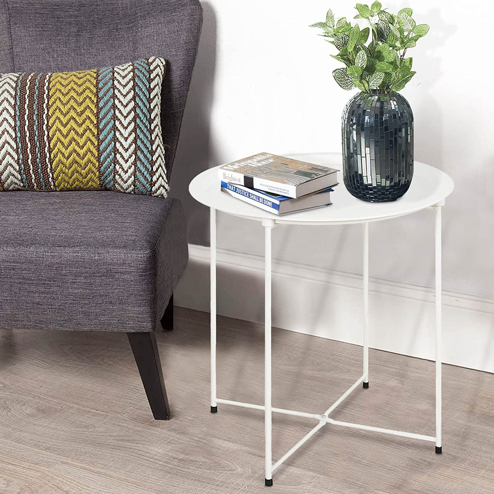 Folding Tray Metal Side Table White round End Table Cyan Sofa Small Accent Fold-