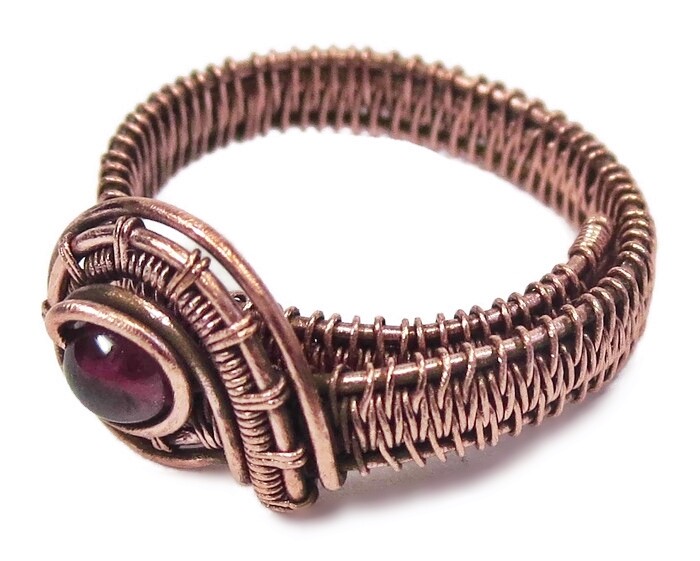 Garnet Adjustable Ring, Woven in Copper Wire