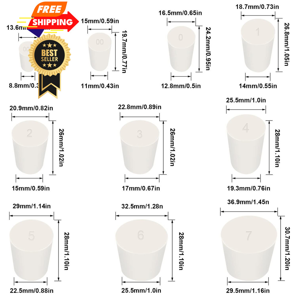 Tnisesm 29Pcs White 000#-7# Solid Rubber Stoppers 10 Assorted