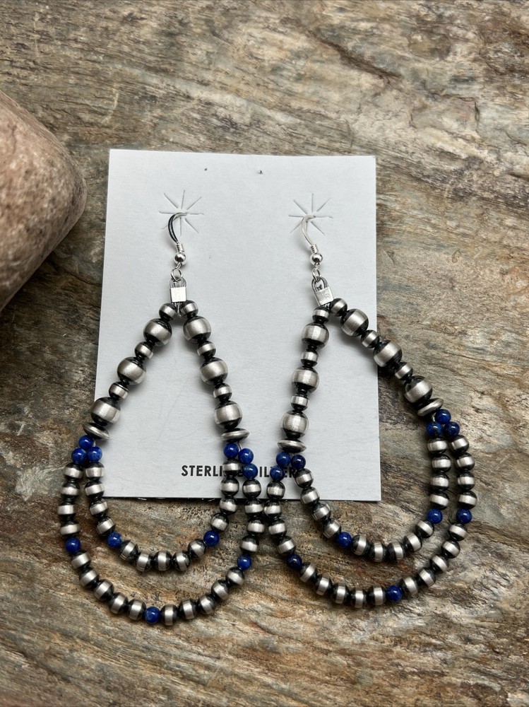 Sterling Silver Pearls Double Loop Lapis Bead Earrings.