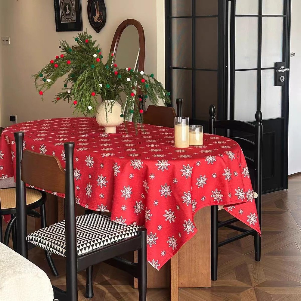 Christmas Red Tablecloth, Rectangle Table Cloh with Snowflake Decorations, Sp...