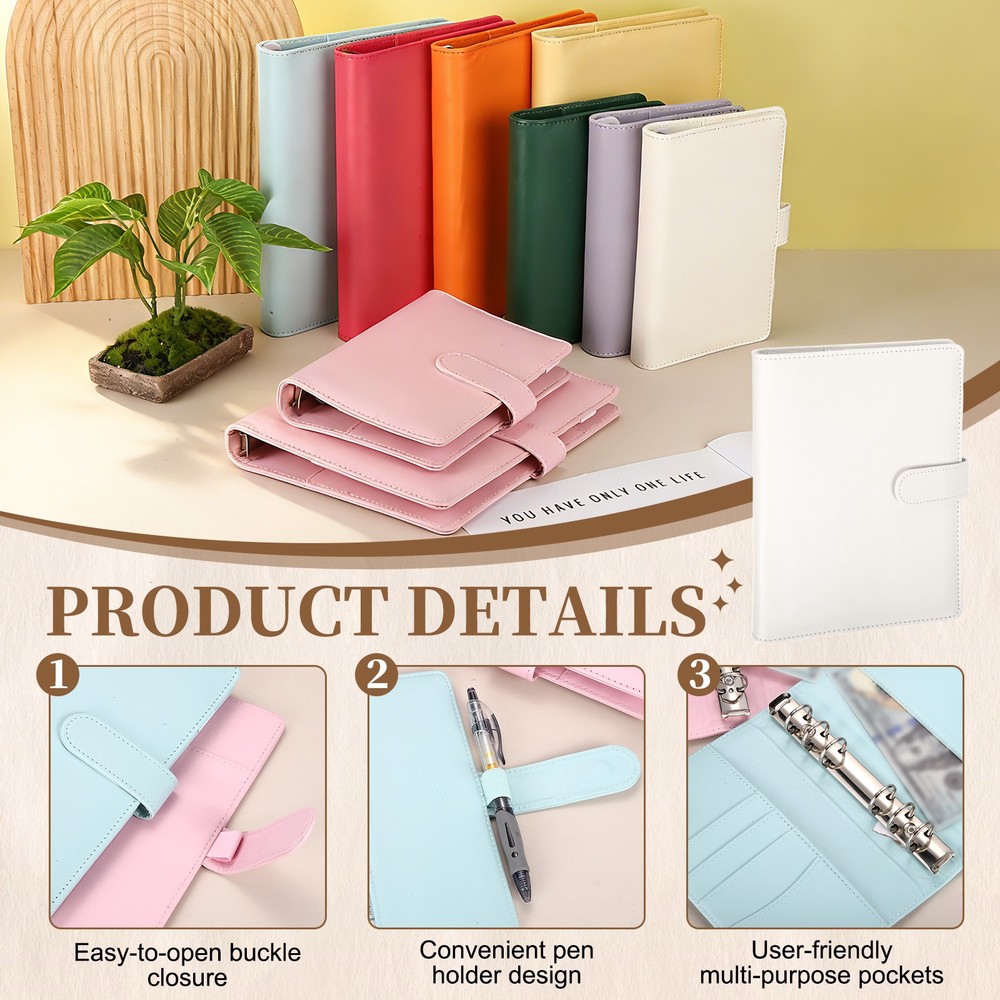 A5 PU Leather Binder Protector, 6 Ring Loose Leaf Notebook Shell, White