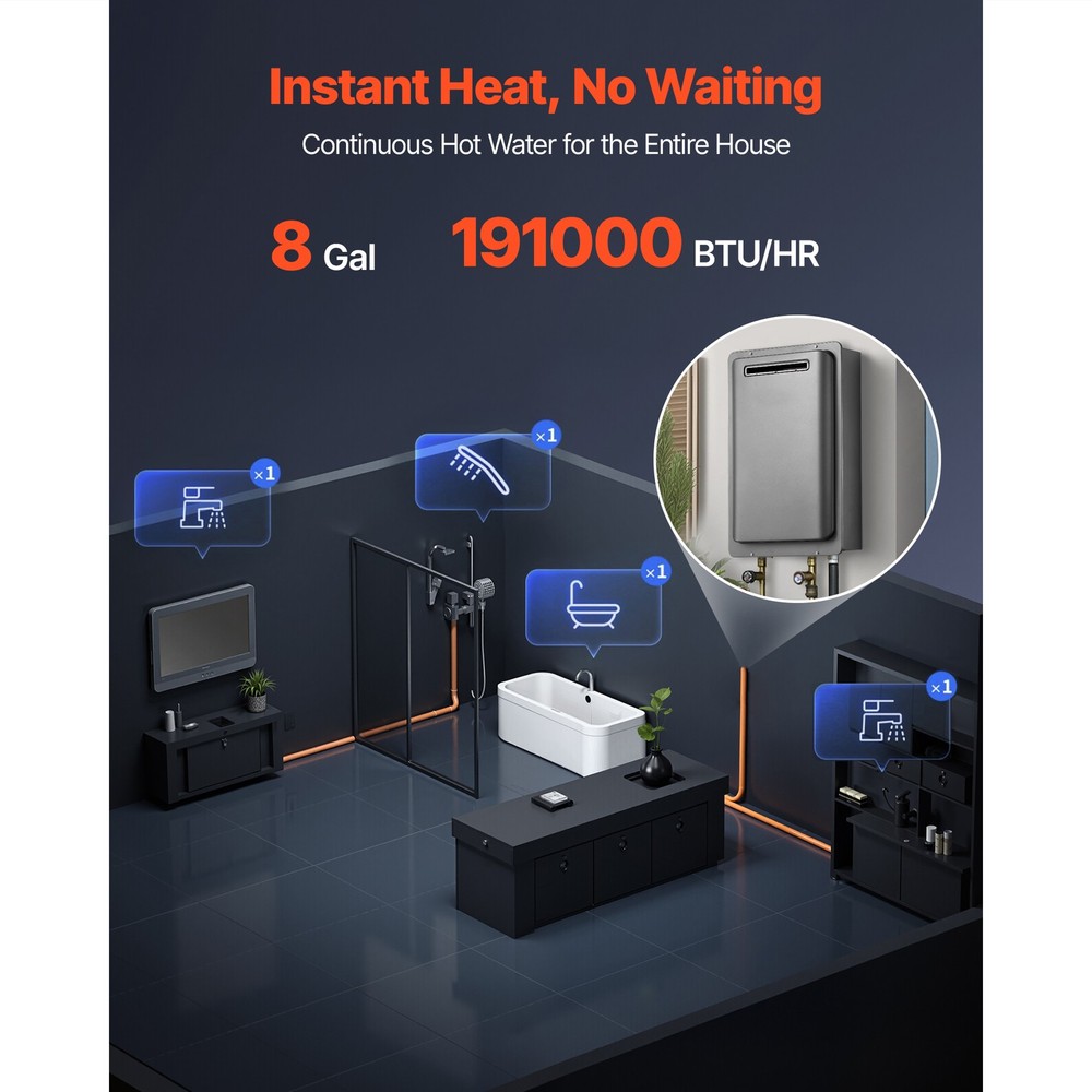 Uimoso Gas Tankless Water Heater 8Gal 191000 BTU Smart Temp Control