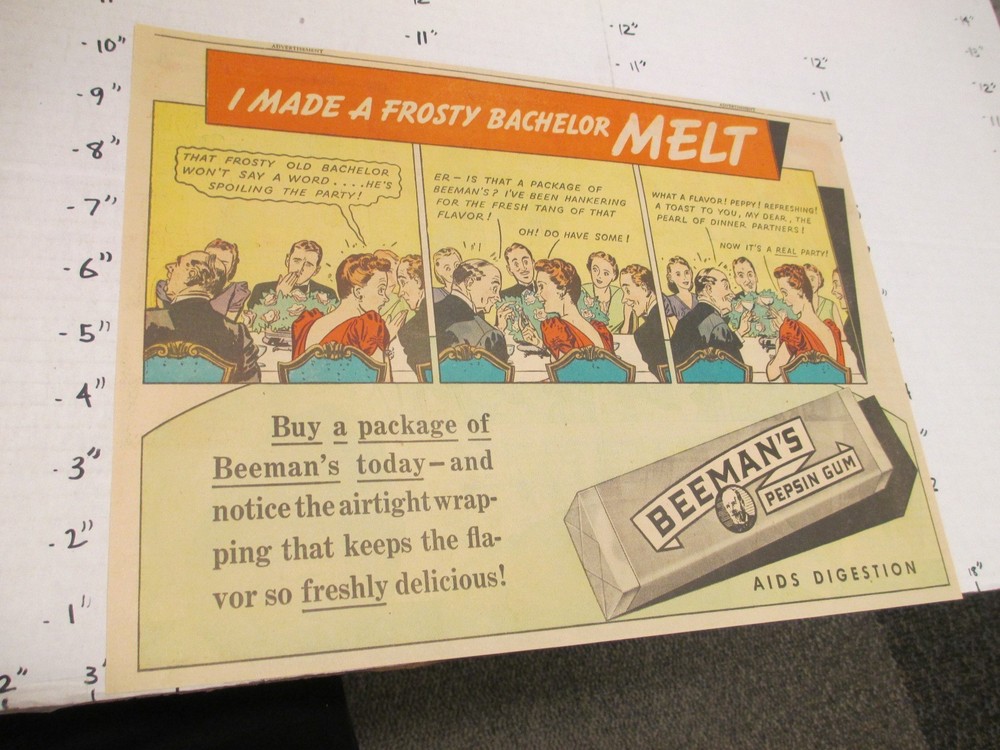 newspaper ad 1939 BEEMAN'S chewing gum pack pepsin comic BACHELOR