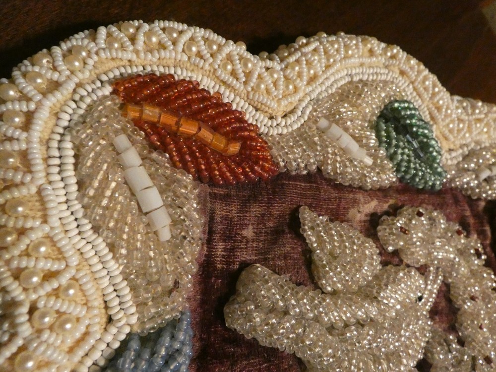 Antique Glass Bead Panel w/ Bird & Leaves