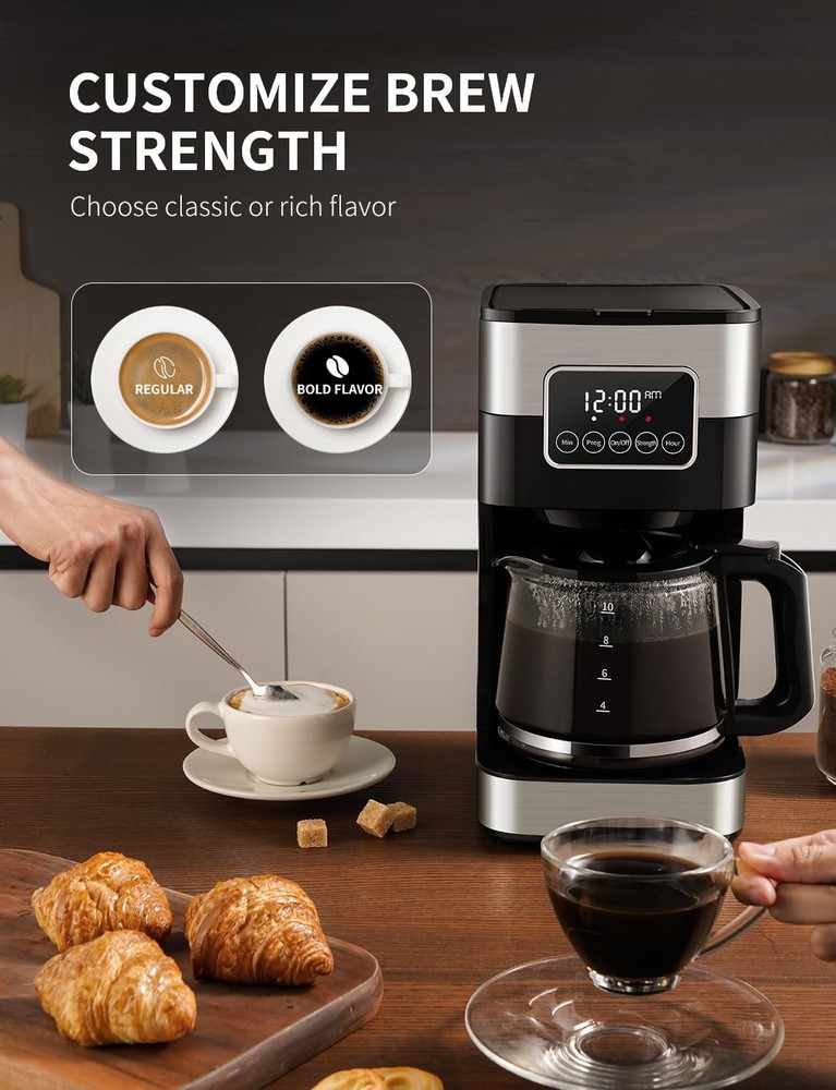 SHARDOR 10-Cup Programmable Coffee Maker, Regular & Strong Brew Drip silver
