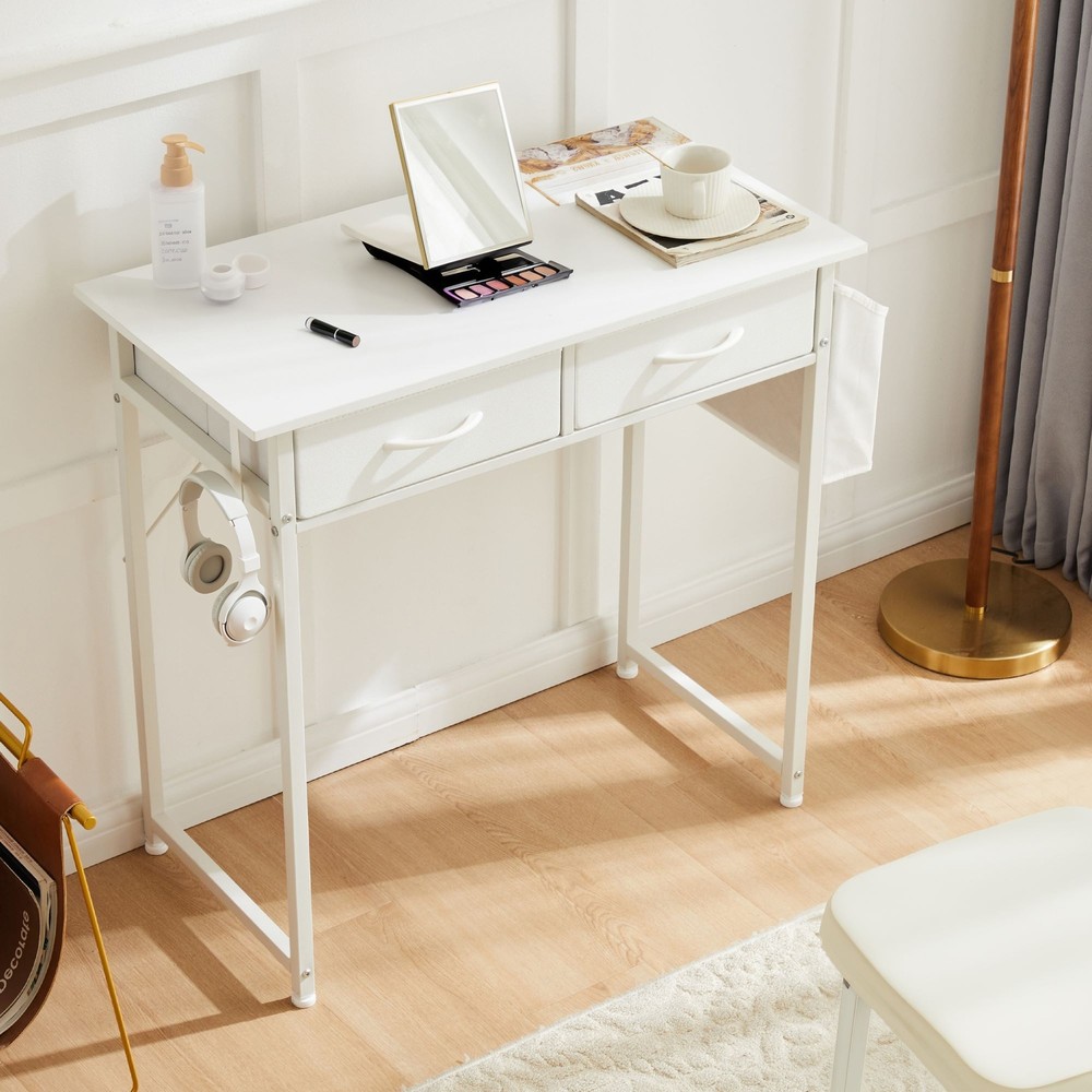 32" Office Small Computer Desk,Home Study Table with 2 Fabric Drawers & Side Bag