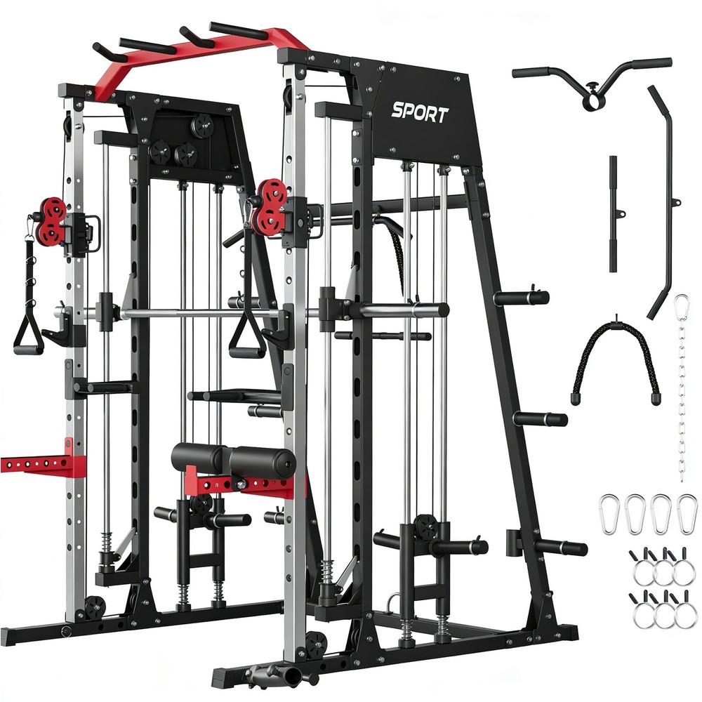 Smith Machine Home Gym 2200LBS Squat Rack Power Cage with LAT Pull-Down ,Workout