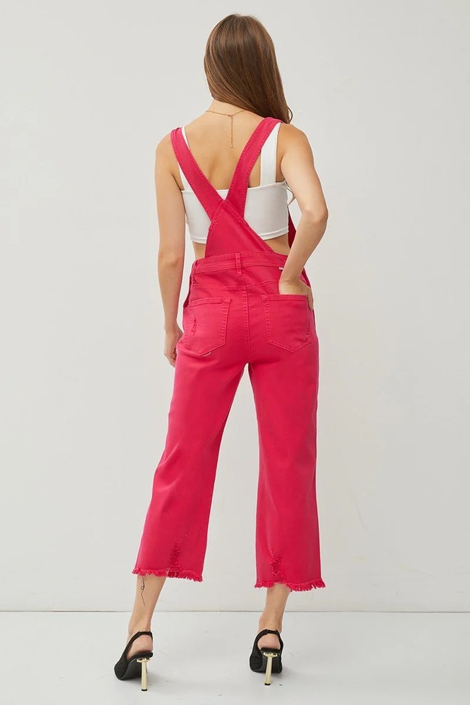 "Lou" Distressed Overalls in Fuchsia Pink