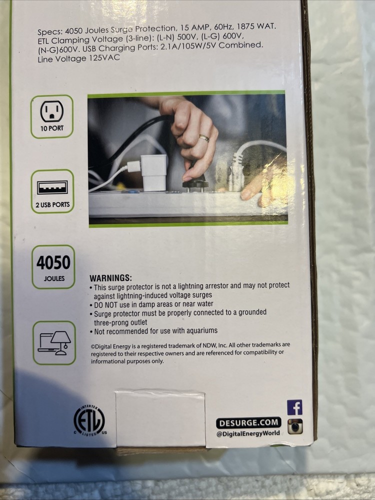 10 Outlet Surge Protector, 8 FT, White