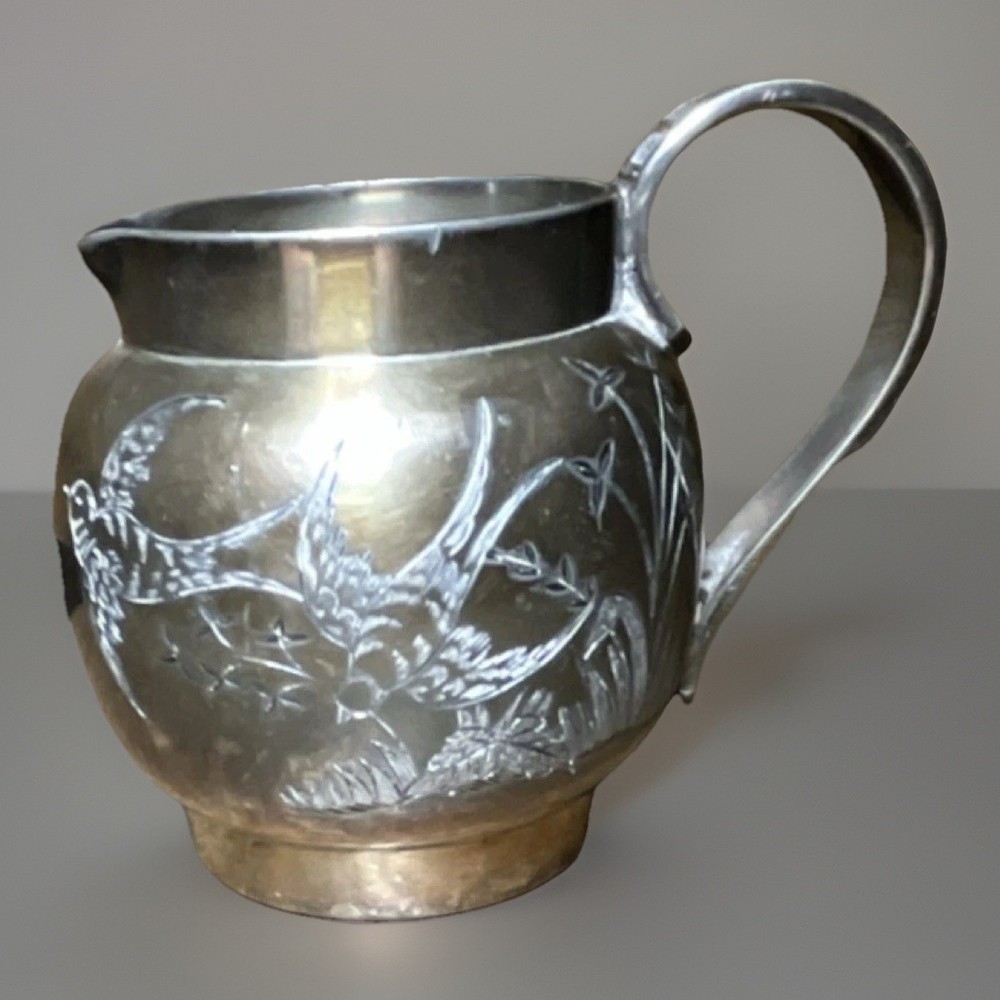 Quadruple Plate  Silverplate Creamer Engraved Birds