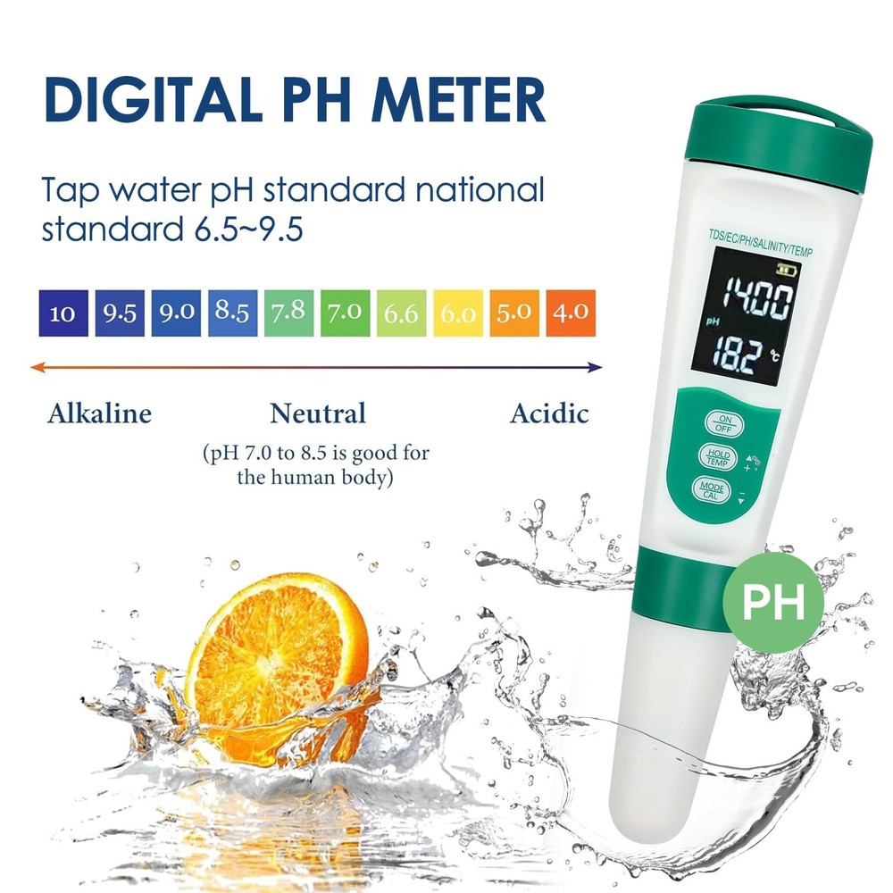 5-in-1 Digital pH Meter, Highly Accurate Water Quality Tester with Backlight ...