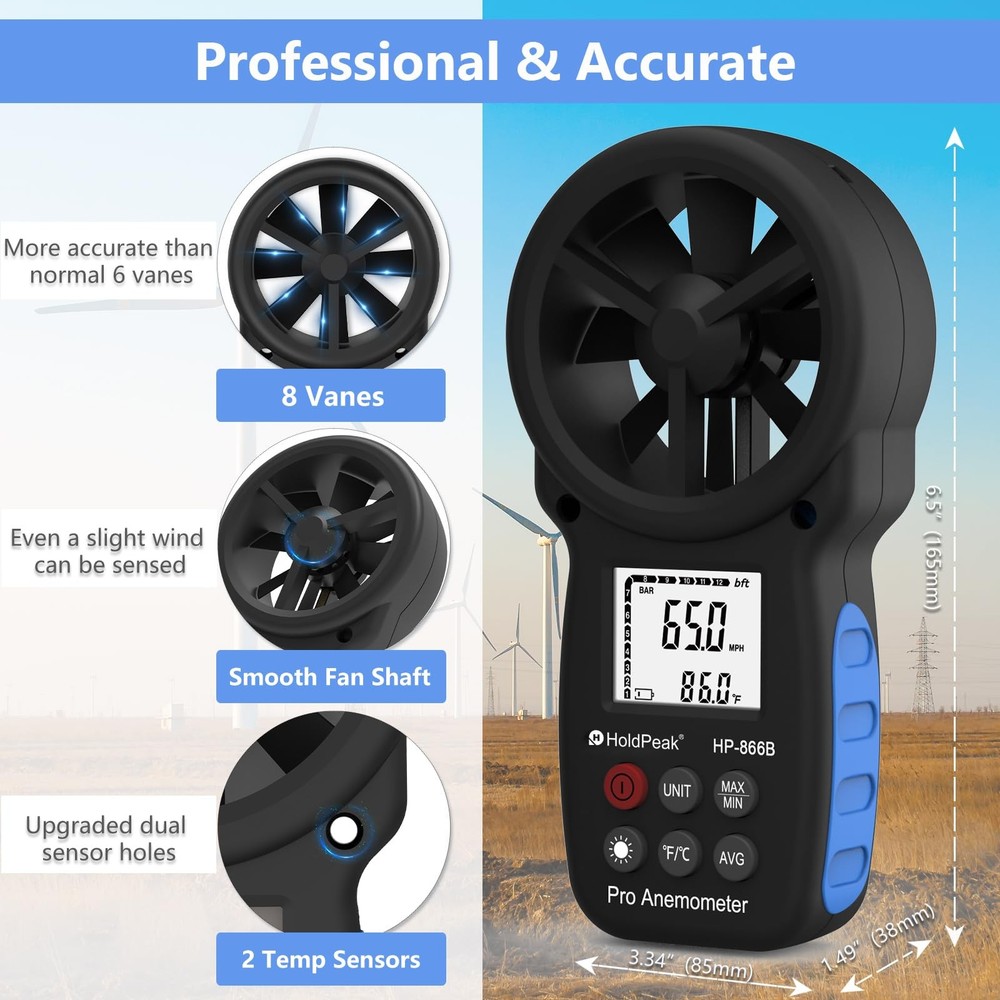 HoldPeak 866B Digital Anemometer Handheld Wind medium, 1Pcs