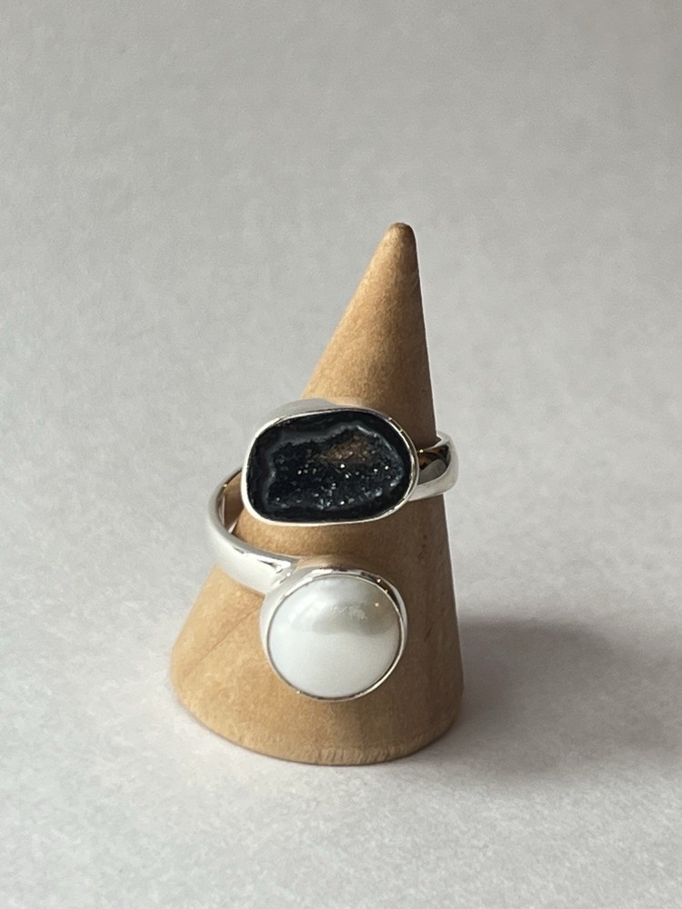 Pearl & Geode Adjustable Ring 925 Sterling Silver Size 7