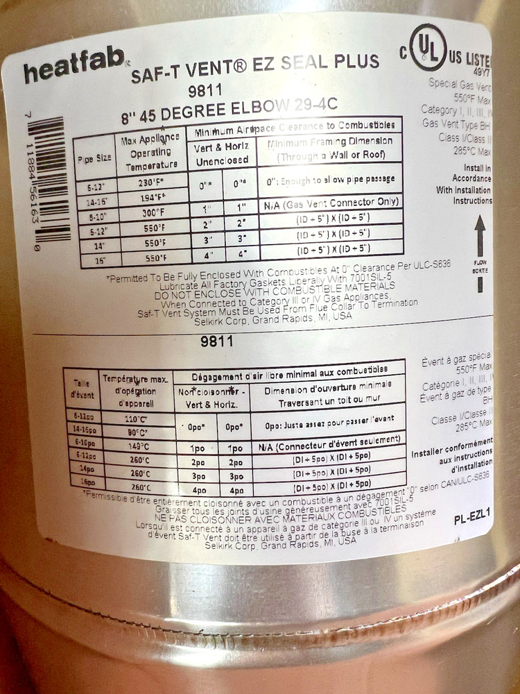 Heat-Fab 8" Saf-T Vent EZ Seal 45 Degree Elbow 29-4c 9811 Stainless Steel NEW