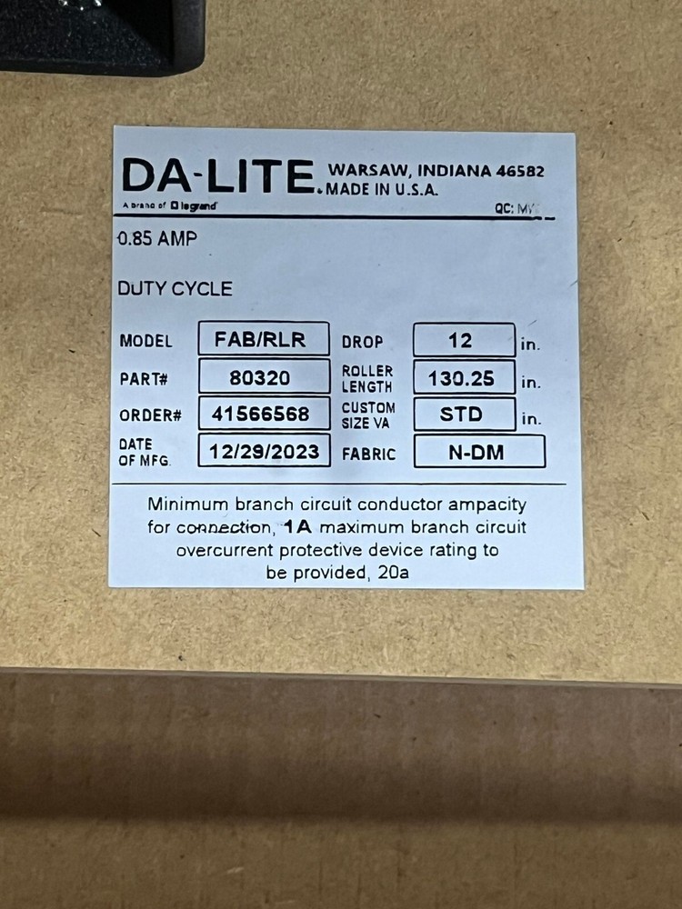 Da-Lite 80320 Advantage Electrol Projection Screen Fabric/Roller Assembl 65X116"