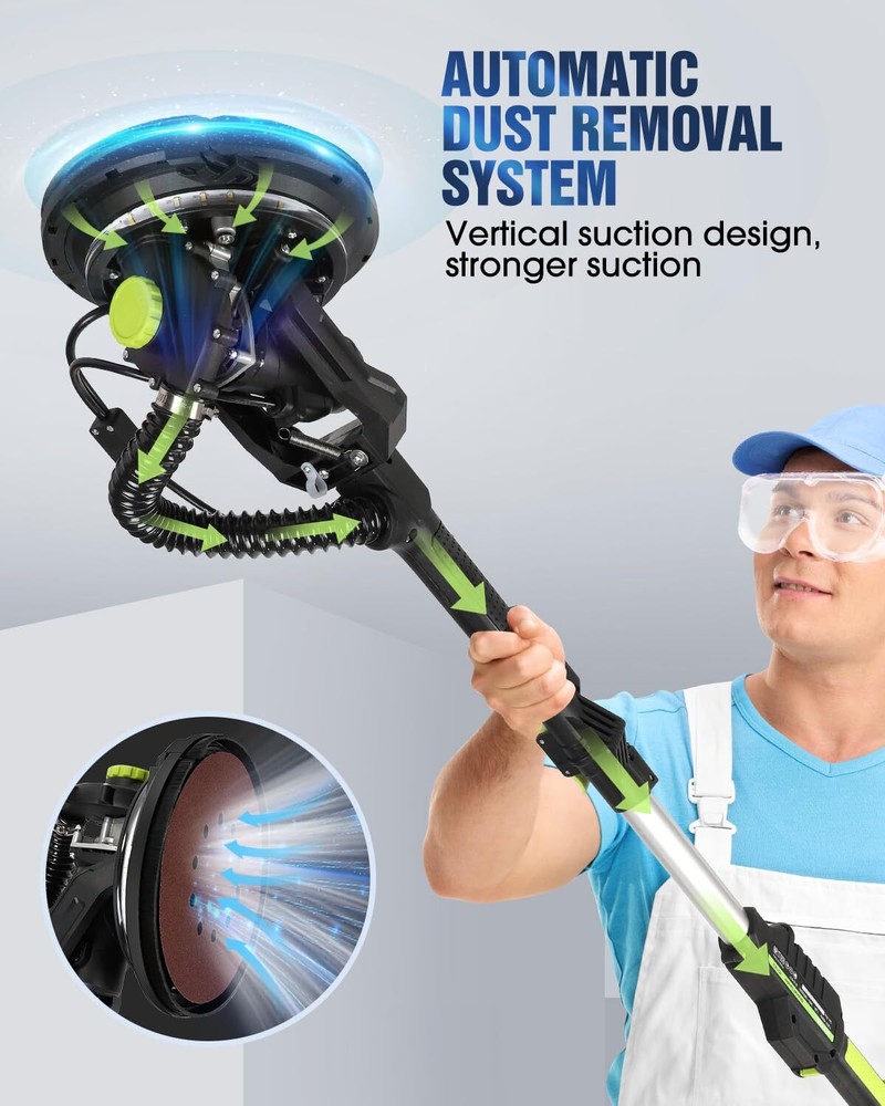7.2A Electric Drywall Sander with LED Light Extendable Handle & Vacuum