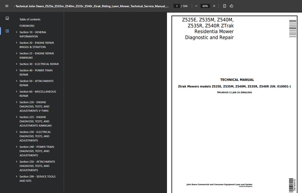 JOHN DEERE Z540R ZTRAK ZERO TURN MOWER OPERATORS TECHNICAL SERVICE MANUAL PDF
