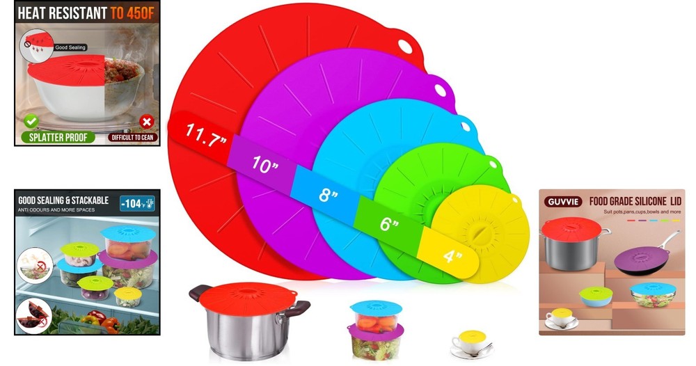 Innovative 5-Pack Silicone Lids - Multi-Size Covers for Microwave & Oven Safety