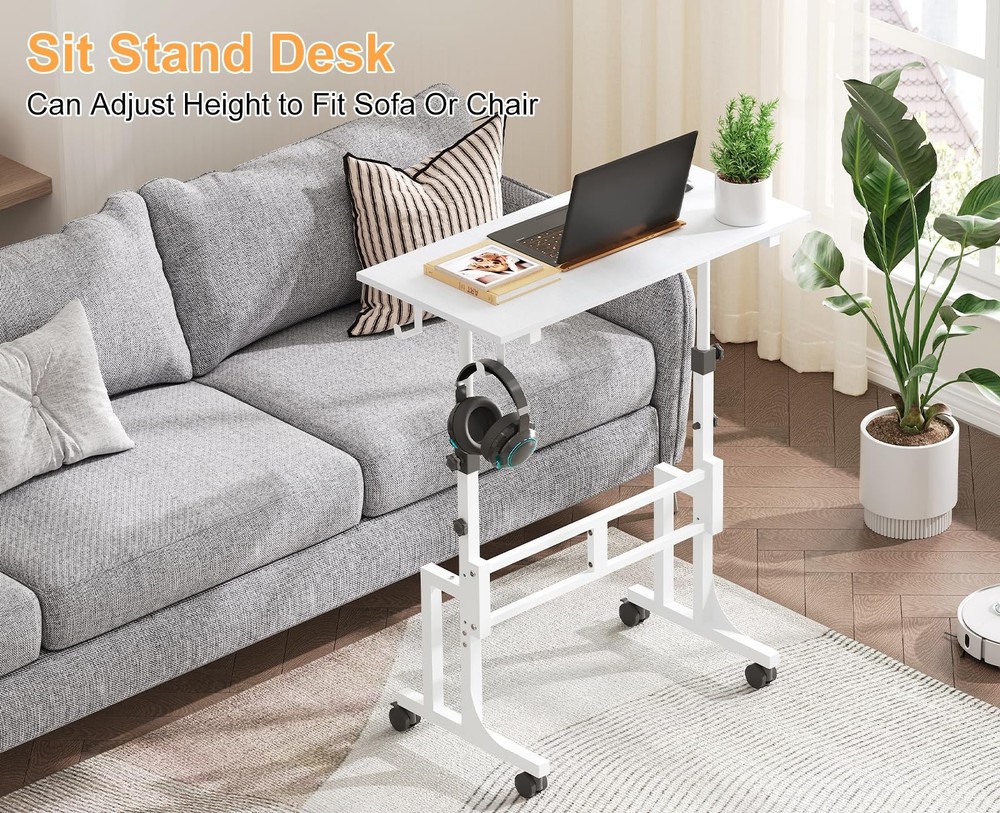 Small Adjustable Height Standing Desk With 2 Hooks, Rolling Sit Stand Up Desk Wi