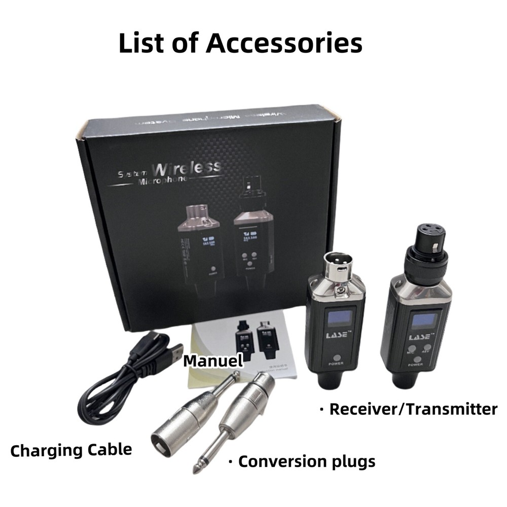 LASE UHF Wireless Microphone System XLR Mic Adapter 48V Transmitter & Receiver