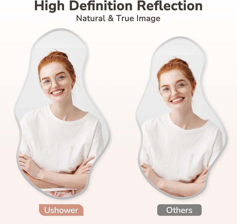 USHOWER Irregular Wall Mirror 20x36" Frameless Wavy Beveled Decorative Mirror