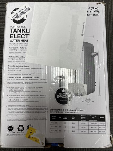 OEM Rheem RTEX-11 11kW 240V Electric Tankless Water Heater