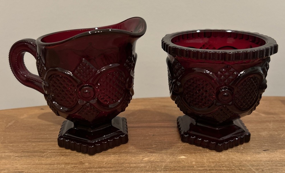Vintage AVON Cape Cod Ruby Red Pressed Glass Collection Sugar & Creamer Set