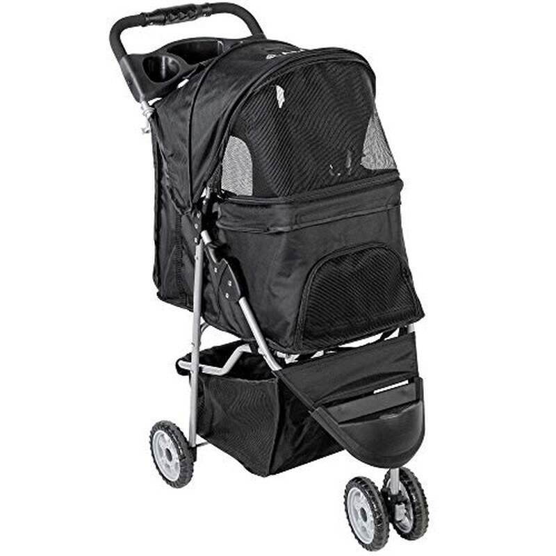 Foldable 3 Wheel Pet Stroller Large Capacity Mesh Windows Storage Basket Black