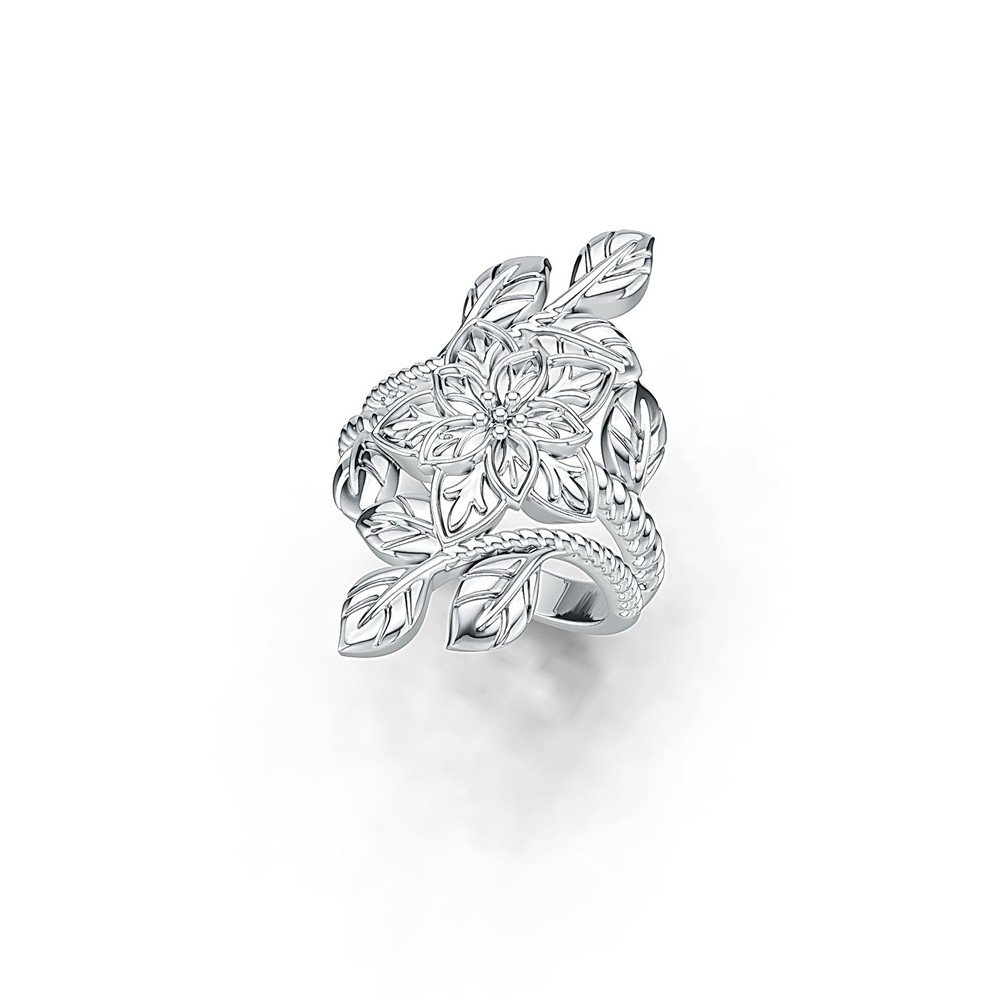Sterling Silver Ring Flower with Leaves Theme Nature-Inspired