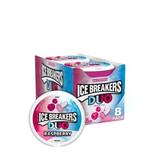 ICE BREAKERS DUO Raspberry fruit + Cool Sugar Free 1.3 oz Tins, 8 Count