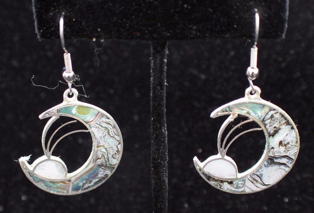 Alpaca MEXICO Silvertone Mother Pearl Abalone Dangle CRESCENT Pierced Earrings