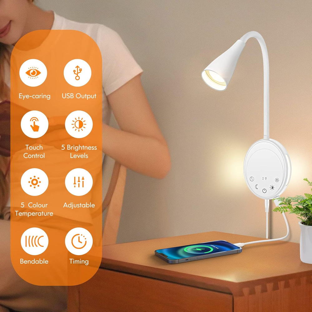 LED Wall Mounted Reading Light, Book Light for Reading in Bed with Touch Control