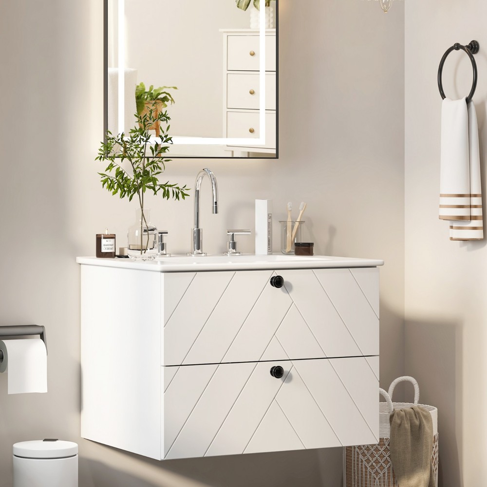 Floating Wall-Mounted Vanity Set with Ceramic Sink, Soft-Close Drawers White